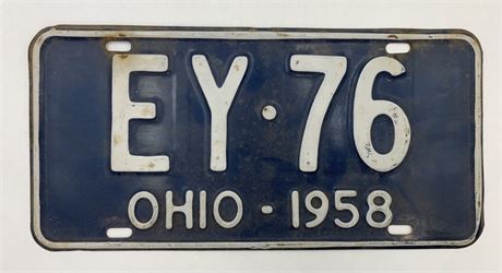 1958 Ohio EY 76 Steel Automobile License Plate