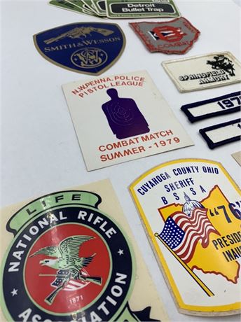 14 pc lot of Police Combat & Armory Patches, NRA, Sheriff & Pistol Stickers