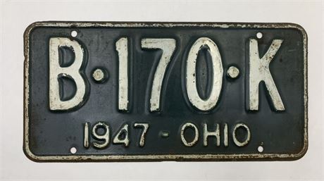 1947 Ohio B 170 K Steel Automobile License Plate