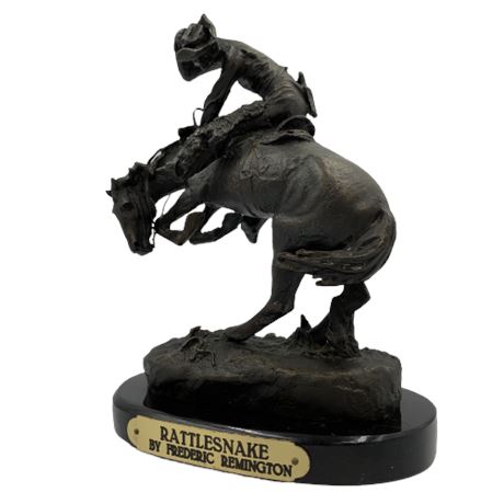 Petite Vintage Frederic Remington Style Bronze Rattlesnake Sculpture on Marble