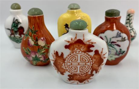 6 Vintage Hand Painted Oriental Porcelain Snuff Bottles with Jade Stoppers