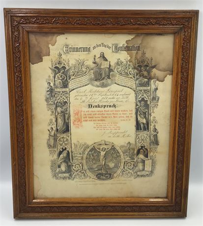 Antique 1879 Catholic Confirmation Certificate in German,Carved Maple Leaf Frame