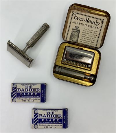 4 pc Vintage Ever-Ready Safety Razor Shaving Lot & NOS Razor Blade Packs