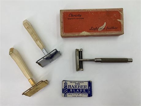 4 pc Vintage GEM & Christy Safety Razor Shaving Lot & NOS Razor Blades