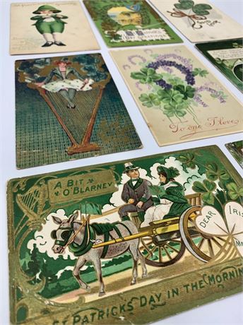 8 Antique 1909-1920 St. Patrick’s Day Shamrock Postcard Lot, 1 cent Stamps