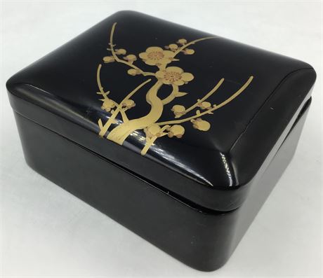 Refined Vintage Black Lacquer Hand Painted Gold Cherry Blossom Lidded Box