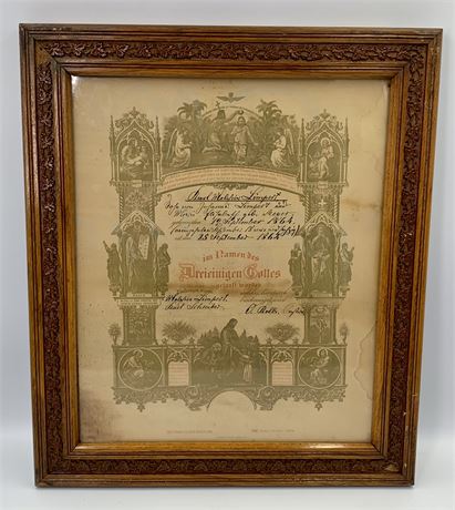 Antique 1864 Catholic Baby Baptism Certificate in German,Carved Maple Leaf Frame