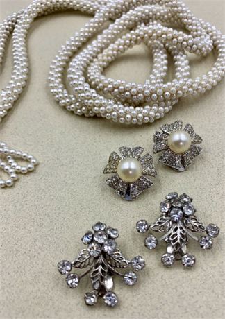 Mid Century 60” Faux Pearl Tasseled Lariat Necklace & 2 pr Rhinestone Earrings