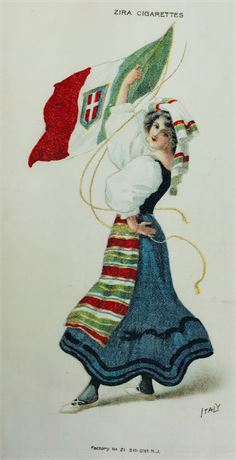 Large 9” Vintage Italian Maiden with Flag ZIRA Cigarette Advertising Silk Panel