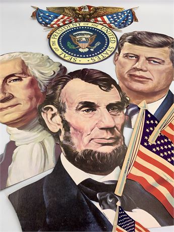 Vintage George Washington & Abe Lincoln US President Wall Portraits, Flag & Seal