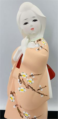 Vintage Japanese Hakata Matte Porcelain 12” Girl in Cherry Blossom Kimono Statue
