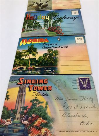 4 1940s US Travel Souvenir Florida Tourist Postcard Books, Win the War 3c Stamp