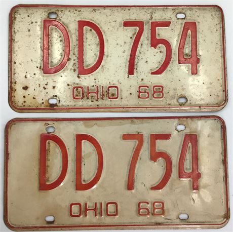 Pair of Original 1968 Ohio DD 754 Red & White Automobile License Plates