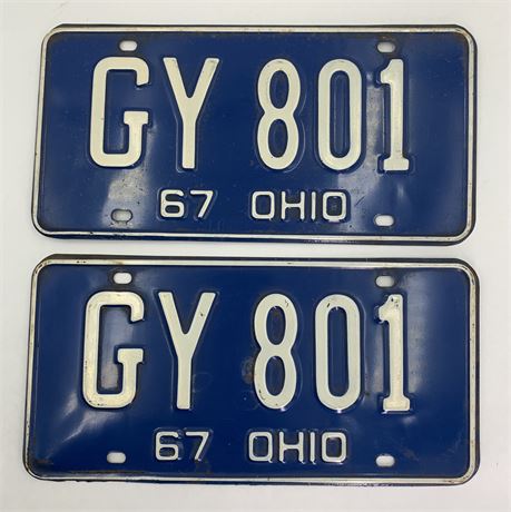 Pair of Original 1967 Ohio GY 801 Blue & White Automobile License Plates