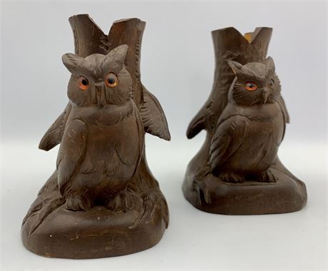 Vintage Hand Carved Wood Folk Art Owl Candleholders
