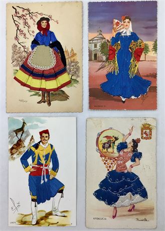 4 pc Vintage Spanish Travel Souvenir Tourist Embroidered Postcard Lot