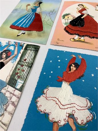 4 pc Vintage Spanish Travel Souvenir Tourist Embroidered Postcard Lot