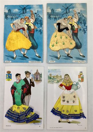 4 pc Vintage Spanish Travel Souvenir Tourist Embroidered Postcard Lot