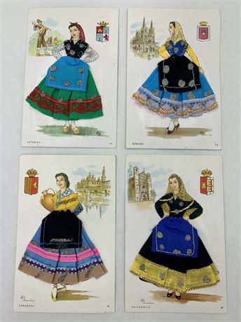 4 pc Vintage Spanish Travel Souvenir Tourist Embroidered Postcard Lot