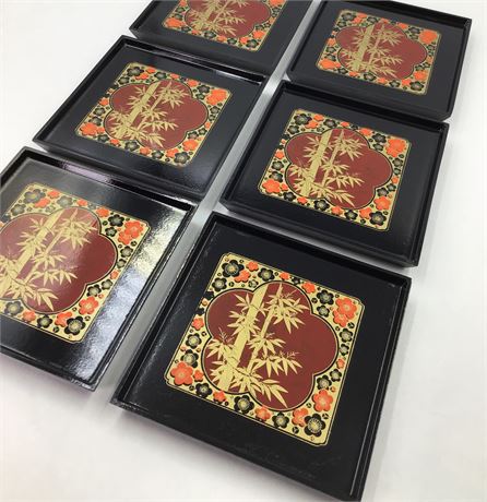 Mid Century Otagiri Six Square Bamboo Cocktail Coaster Set in Case, Japan