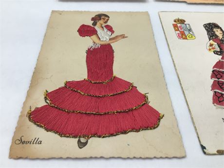 4 pc Vintage Spanish Travel Souvenir Tourist Embroidered Postcard Lot