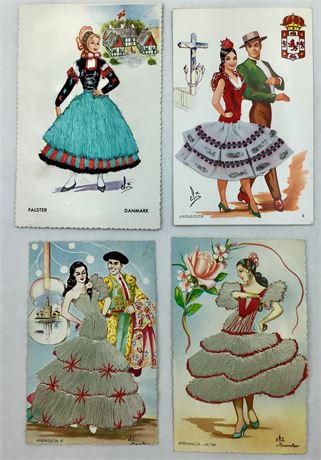 4 pc Vintage Spanish Travel Souvenir Tourist Embroidered Postcard Lot