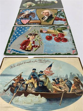 4 Antique US Patriotic George Washington Postcard Lot, 1 cent Stamp