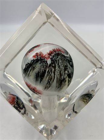 NOS Asian Reverse Painted Crystal Desk Sculpture & Stand in Silk Box
