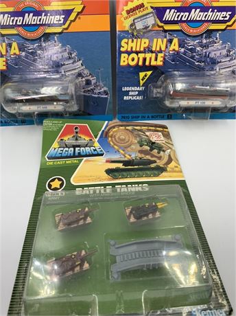 3 pc NOS Micro Machines Ship in a Bottle & Miniature Tank Toys
