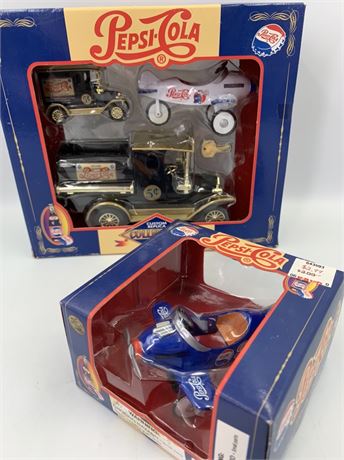 2 pc NOS Pepsi-Cola Die-cast Truck Bank, Auto & Plane Lot
