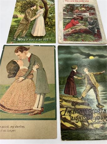 4 pc Antique Edwardian Romantic Lovers Postcard Lot