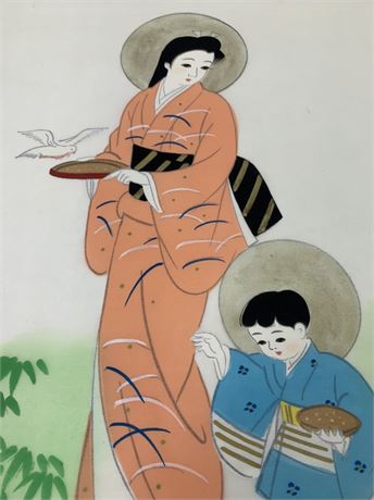 Vintage Oriental Hand Painted Silk Artwork, Wall Hanging