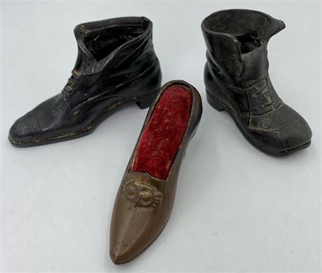 3 Antique Shoe & Boot Pin Cushion Sewing Accessories