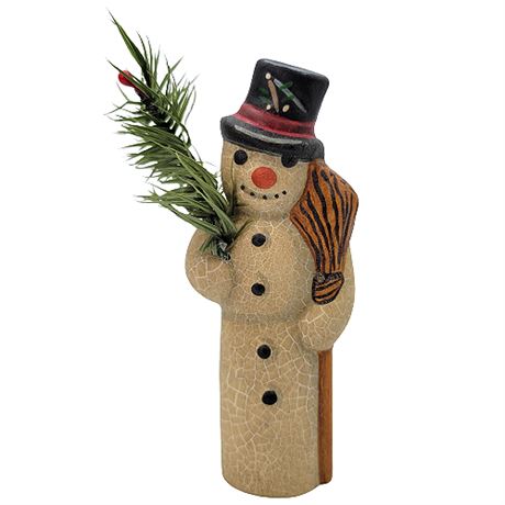 Vaillancourt Folk Art Snowman with Tree and Broom #575