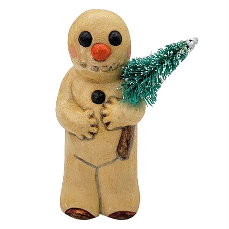 Vaillancourt Folk Art Snowman with Silly Smile Holding Tree #535