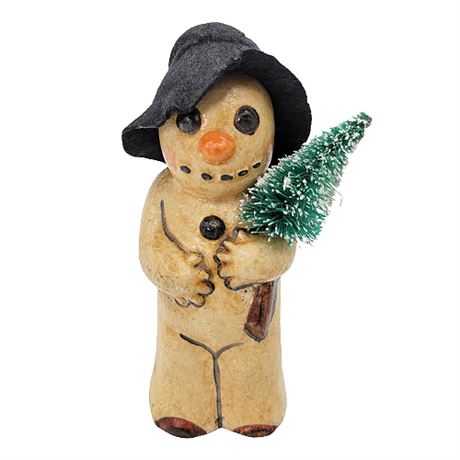 Vaillancourt Folk Art Snowman with Silly Smile Holding Tree (w/ Hat) #535
