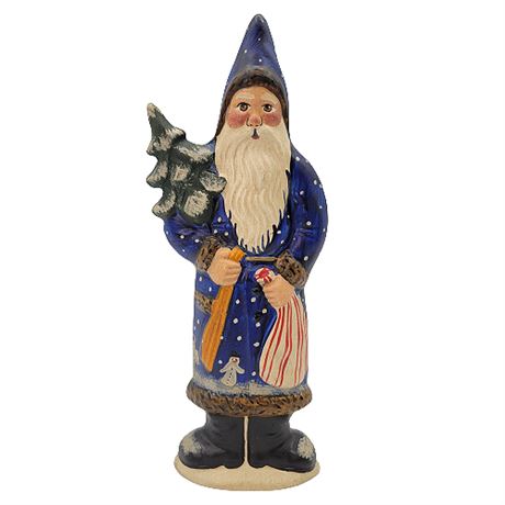 Vaillancourt Folk Art Blue Father Christmas w/ Switch and Snowmen on Coat #9537