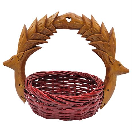 Carved Reindeer Handle Red Wicker Basket