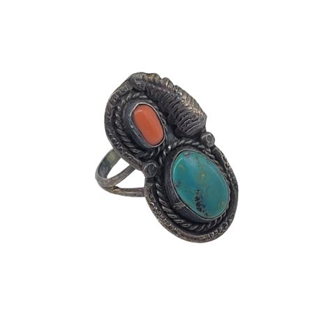 Sterling Silver Native Turquoise and Coral Ring